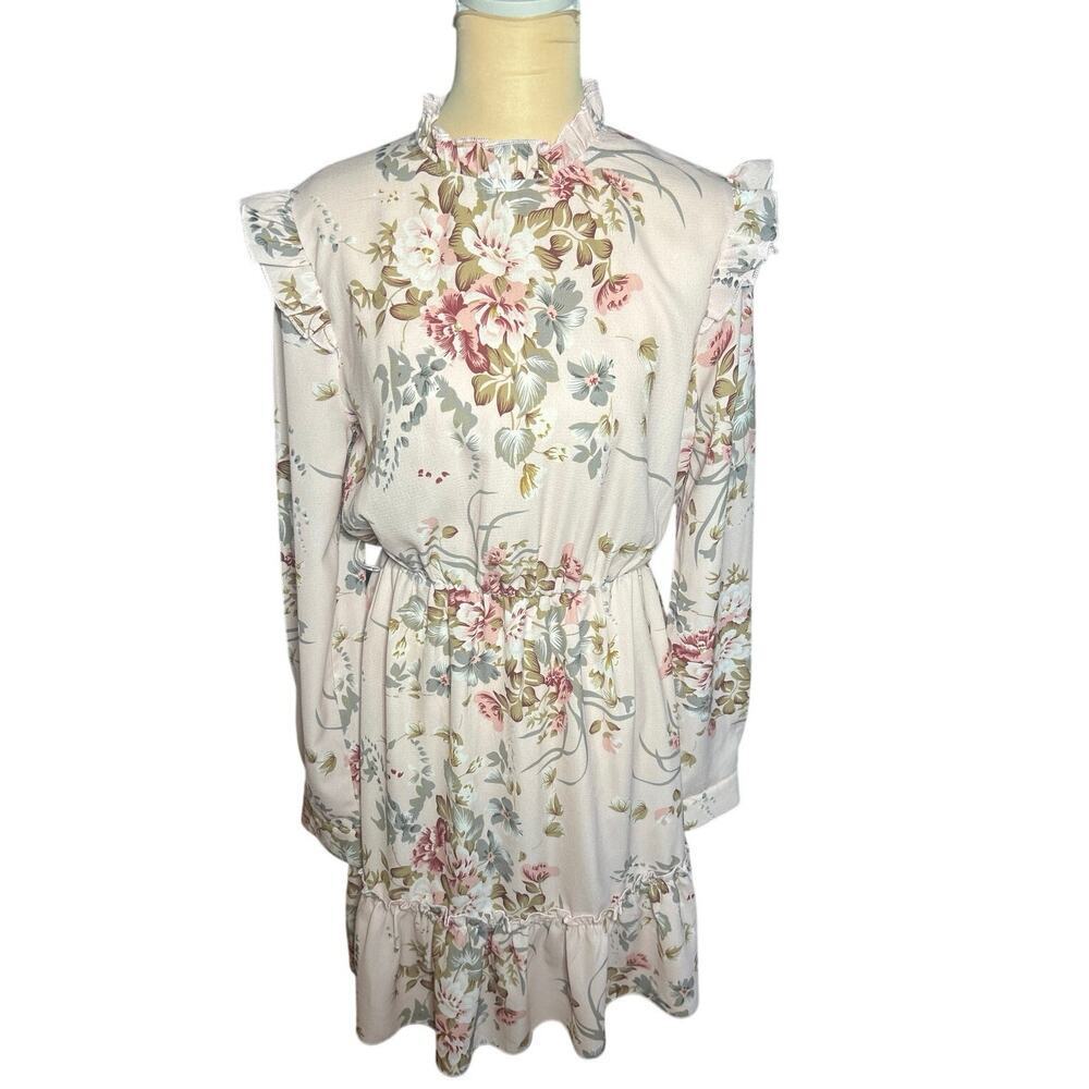 Smocked waist tiered ruffle hem high neck long sleeve fit and flare M Dress pink